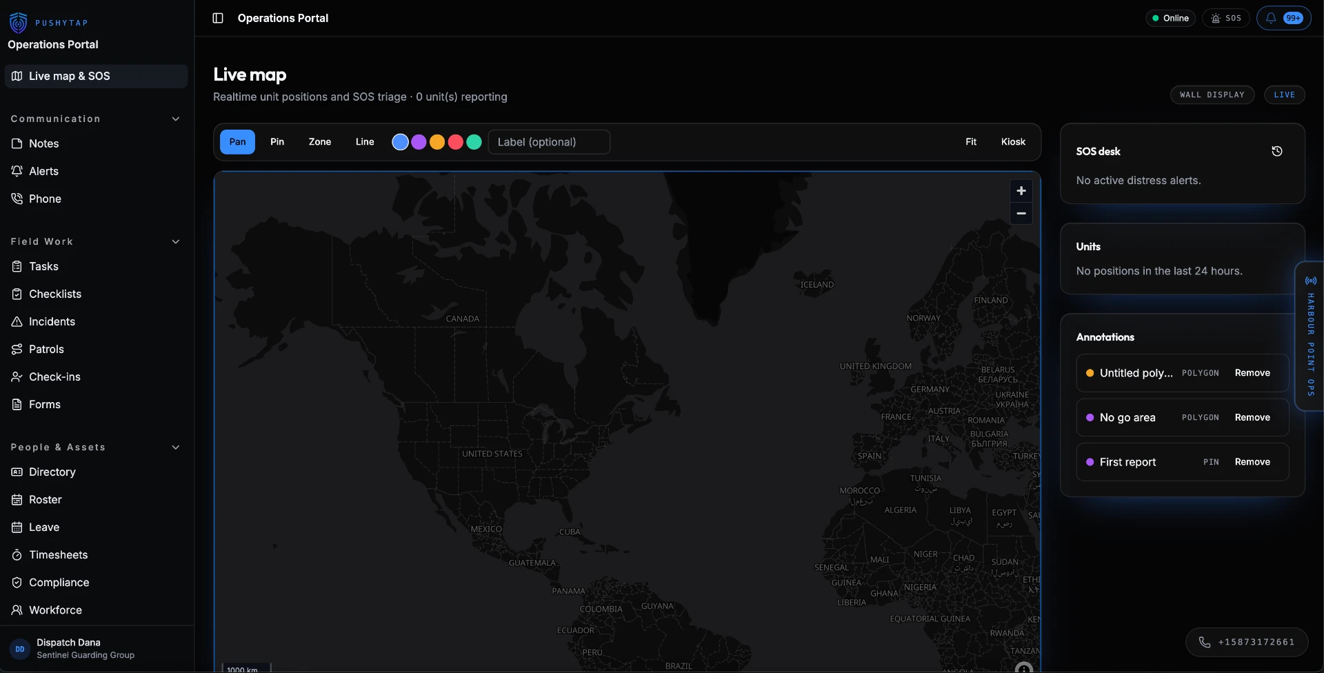 Pushytap Operations Portal showing the live map, SOS desk, unit positions and map annotations