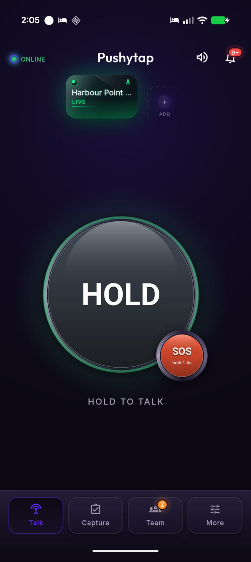 Pushytap mobile app push-to-talk screen with hold-to-talk button and SOS control