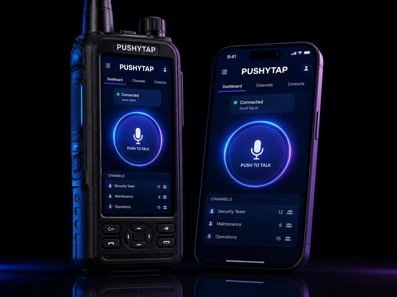 Rugged Pushytap PTToC handset beside a smartphone, both running the Pushytap push-to-talk app