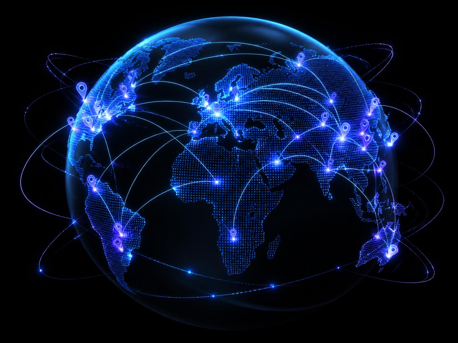 Glowing globe with connected nodes representing worldwide Pushytap coverage